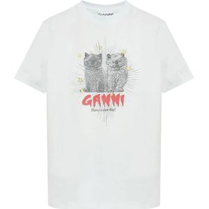 Ganni Blauw Grafisch Print Crew Neck T-shirt , White , Dames , Maat: M