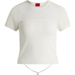 Hugo - Geribbelde Gebreide Doorschijnende Crop Top - Beige - Dames