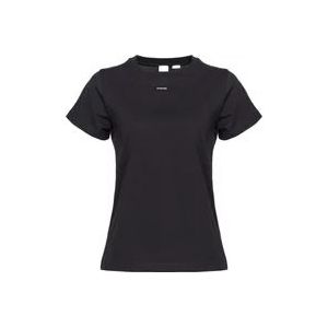 Pinko Basis Kortemouw T-shirt van Katoen met Mini Logo , Black , Dames , Maat: XS