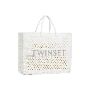 Twinset Handgemaakte gehaakte katoenen shopper tas met verwijderbare binnenzak , White , Dames , Maat: ONE Size