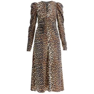 Ganni Midi Jurk met Dierenprint en Pofmouwen , Brown , Dames , Maat: XS