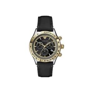 Versace Klassieke Chrono Leren Horloge Zilver Goud , Black , Heren , Maat: ONE Size