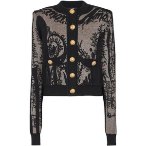 Balmain Jacquard gebreide cardigan met lichaamsmotief , Black , Dames , Maat: S
