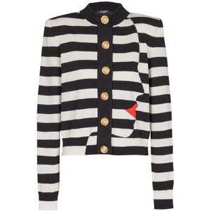 Balmain Gebreide Marinière cardigan met gezichtsmotief , Black , Dames , Maat: XS