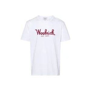 Woolrich Geborduurde Logo Korte Mouw T-Hemden en Polos , White , Heren , Maat: M
