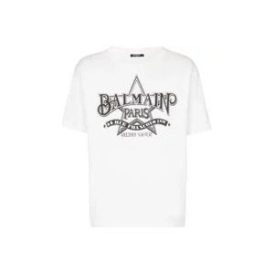 Balmain Witte Logo Print T-shirts en Polos , White , Heren , Maat: M