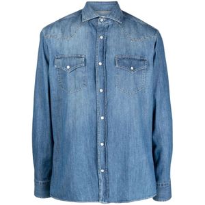 Brunello Cucinelli, Heren, Overhemden, Blauw, Maat: S Denim,