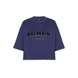 Balmain Kortgeknipt katoenen T-shirt met fluweelachtig metallic logo , Purple , Dames , Maat: L
