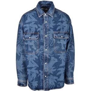 Palm Angels, Heren, Overhemden, Blauw, Maat: L Katoen,