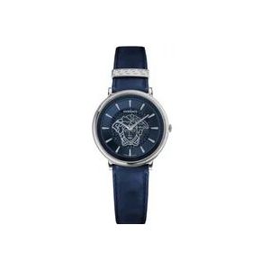 Versace V Circle Leren Band Horloge Zwart , Gray , Dames , Maat: ONE Size