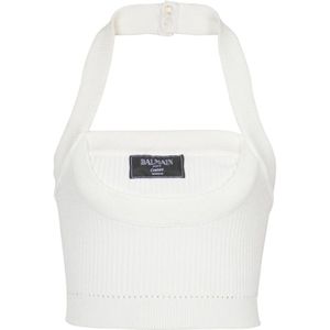 Balmain Geribbelde gebreide halternek top , White , Dames , Maat: 2XS