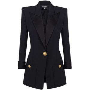 Balmain Zwarte Wollen Jas Peak Revers , Black , Dames , Maat: XS