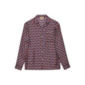 Gucci Blauwe Zijden Twill Overhemd met Ivoor en Rode Print , Multicolor , Heren , Maat: M