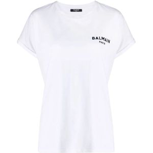 Balmain Elegant Flock Detail T-Shirt , White , Dames , Maat: S