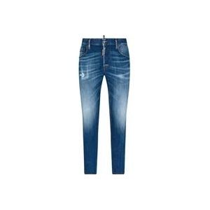 Dsquared2 Blauwe Stretch Denim Jeans met Vervaagd Effect en Logo Patch , Blue , Heren , Maat: M