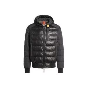 Parajumpers Zwarte leren jas met nylon mouwen en capuchon , Black , Heren , Maat: M