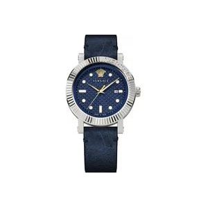 Versace Blauw Leren Band Quartz Horloge , Gray , Heren , Maat: ONE Size