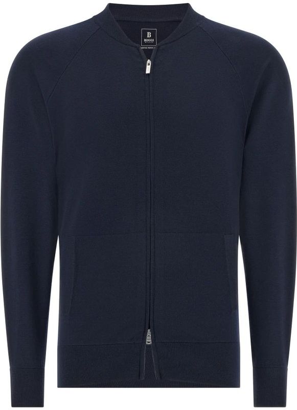 Boggi Milano - Gebreid Jack - Blauw - Merinowol - Met Volledige Rits en Bomberkraag