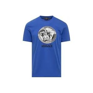 Versace Blauw Crew Neck T-shirt met Geborduurd Medusa Logo , Blue , Heren , Maat: XS