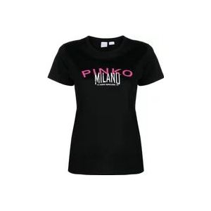 Pinko Logo Print Crew Neck T-shirts en Polos , Black , Dames , Maat: S