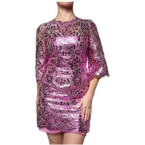 Dolce & Gabbana - Jurk - Paars - Katoen - Metallic Fuchsia Floral Sheath Mini