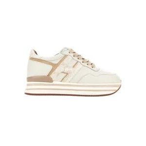 Hogan Sneakers in ivoor, roze en beige met reptielenprint , Beige , Dames , Maat: 37 1/2 EU