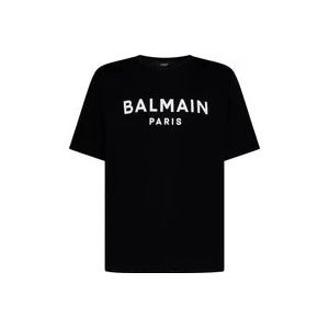 Balmain Zwart Logo Print Katoenen T-shirt , Black , Heren , Maat: L
