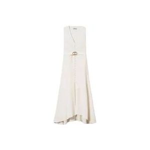 Twinset Maxi Jurk in Linnenmix met Bedekte Knopen , Beige , Dames , Maat: M