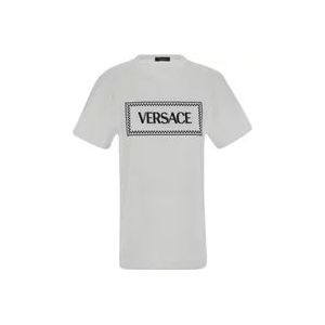 Versace Zwart Logo Borduurwerk T-Shirt , White , Dames , Maat: 2XS