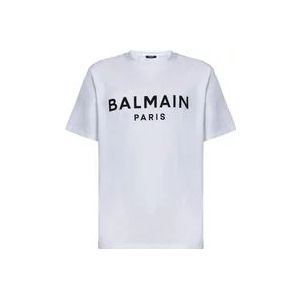 Balmain Wit Logo Print Katoenen T-Shirt , White , Heren , Maat: 2XL