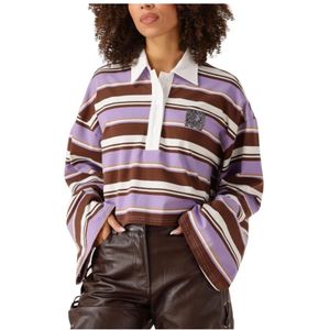 Refined Department - T-shirt - Bruin met Lila Strepen - Dames - Lange Mouwen - Korte Lengte