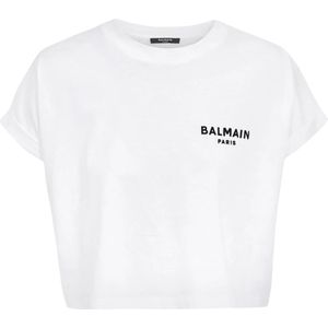 Balmain Flocked Paris cropped T-shirt , White , Dames , Maat: M