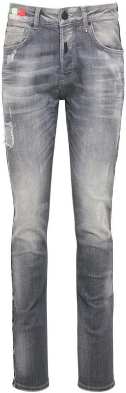 Carlo Colucci - Heren Distressed Logo Piping Skinny Jeans - Grijs