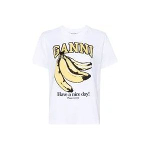 Ganni T-shirt met Grafische Print en Ronde Hals , White , Dames , Maat: M