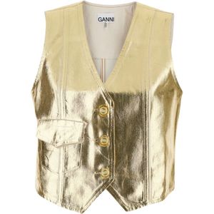 Ganni Gouden V-hals Mouwloze Denim Jack , Yellow , Dames , Maat: S