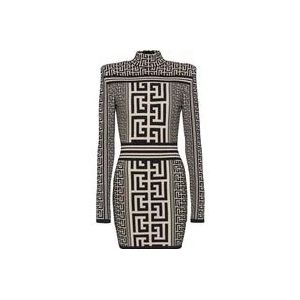 Balmain Gebreide jurk met monogram en hoge hals , Black , Dames , Maat: M