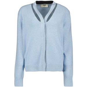 Fendi Kasjmier Cardigan met Gekruiste Bicolor Halslijn , Blue , Dames , Maat: S