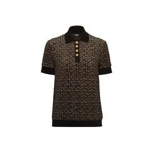 Balmain Monogrammed velvet jacquard polo shirt , Black , Dames , Maat: XS