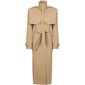 Balmain Trenchcoat met riem in waterafstotend katoen , Beige , Dames , Maat: XS