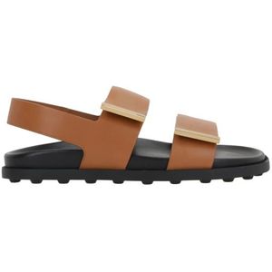 Tod's Platte leren sandalen met klittenbandsluiting , Brown , Dames , Maat: 38 1/2 EU