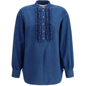 Denim Blouse - Blauw - Ruffled Front - Relaxed Fit