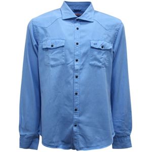 Sun68, Heren, Overhemden, Blauw, Maat: XL Gabardine,