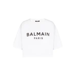 Balmain Ecologisch verantwoord kortgeknipt katoenen T-shirt met logoprint , White , Dames , Maat: XS