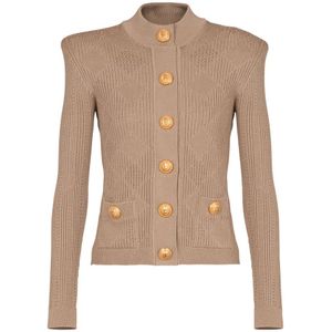 Balmain Gingham opengebreide vest , Beige , Dames , Maat: L