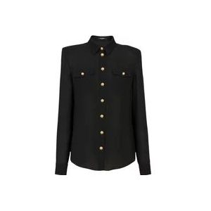 Balmain Crepe shirt met gouden knopen , Black , Dames , Maat: M