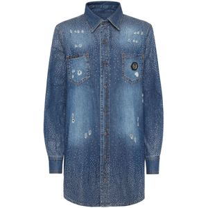 Philipp Plein, Dames, Blouses & Shirts, Blauw, Maat: S Denim,