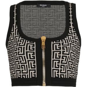 Balmain Gebreide crop top met monogram , Black , Dames , Maat: 2XS