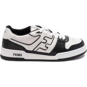 Fendi Zwarte en witte leren sneakers met FF-motief , Black , Heren , Maat: 41 EU