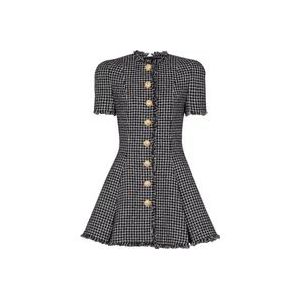 Balmain Geplooide uitlopende jurk in ruitjes tweed , Black , Dames , Maat: 2XS