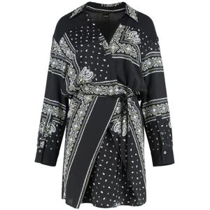Pinko - Korte Shirtstijl Jurk - Zwart - Paisley Bandana Print - Viscose Georgette